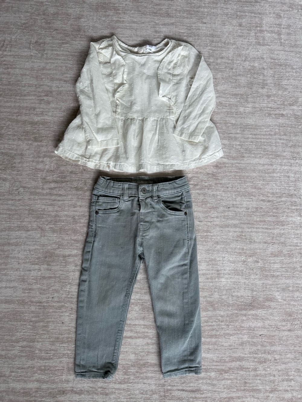 Zara & Gap Toddler Outfit 2T Cream Blouse Green Jeans Neutral Minimalist Set